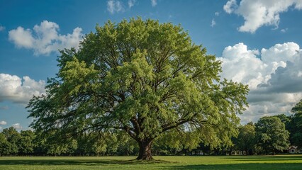 A single tree standing amidst a natural park setting under a bright summer sky