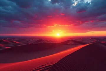 Fiery sunset hues paint Gobi dunes, vast expanse , royalty free, sunset, warm