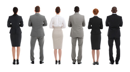 Group of diverse businesspeople standing together, backs facing the camera, isolated on white background.