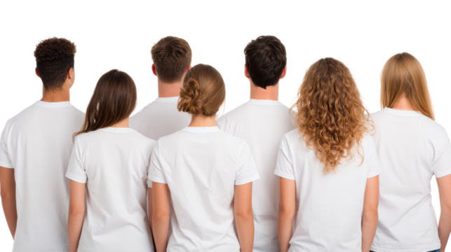 Group of diverse people standing together in white t-shirts, backs facing the viewer, isolated on white background.