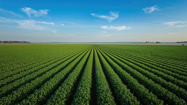 Overhead drone image capturing a vibrant potato crop in symmetrical rows