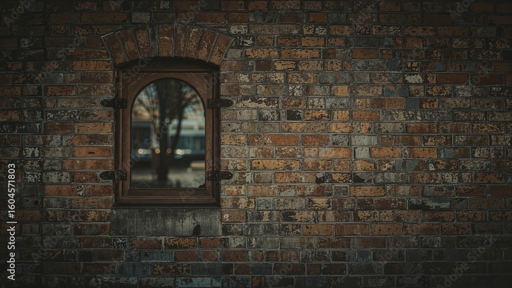 Poster brick facade with window detail emphasizing texture and artistic building features