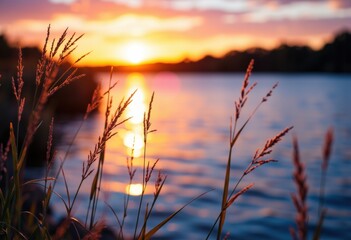 Naklejka premium Beautiful sunset over a calm river with tall grass in the foreground