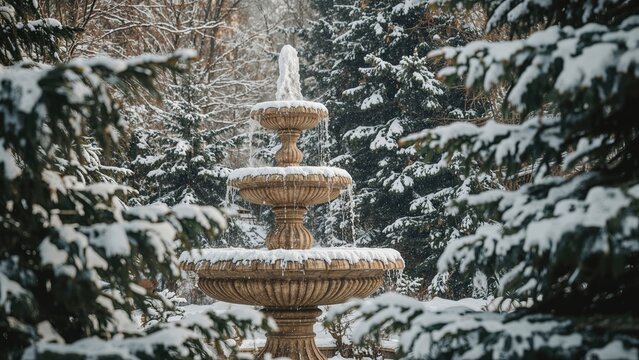 Beautiful white winter landscape showcasing a flowing artesian fountain