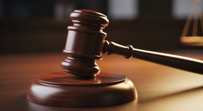 Solid gavel resting near sound block capturing the symbolism of judgment and courtroom procedure.