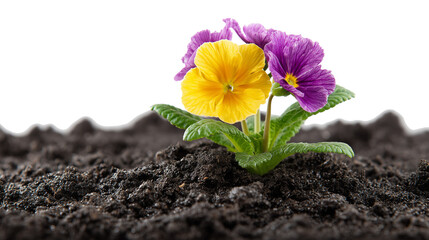 Vibrant Yellow and Purple Flower Emerging from Rich Black Soil isolated