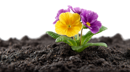Vibrant Yellow and Purple Flower Emerging from Rich Black Soil isolated