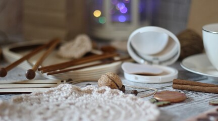  Woman's different things cup of tea, make up, ball clew yarn, mirror doily cozy photo beige pastel...