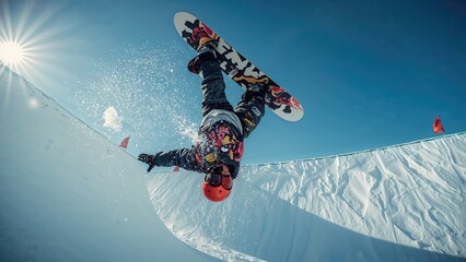 Performing a handplant, the rider inverts their position mid-air within the halfpipe.