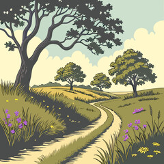 Serene Countryside Landscape with Winding Path and Trees Illustration