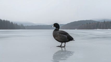 A lone waterbird perches on ice, displaying its black feathers and unique white bill.