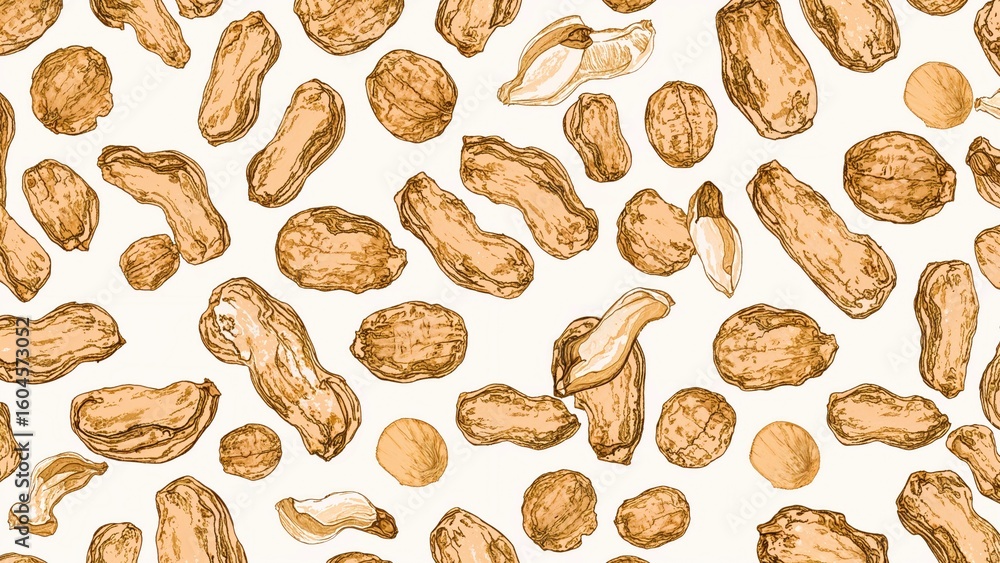 Poster continuous pattern featuring detailed peanut drawings both in shell and out, displayed on a clean wh