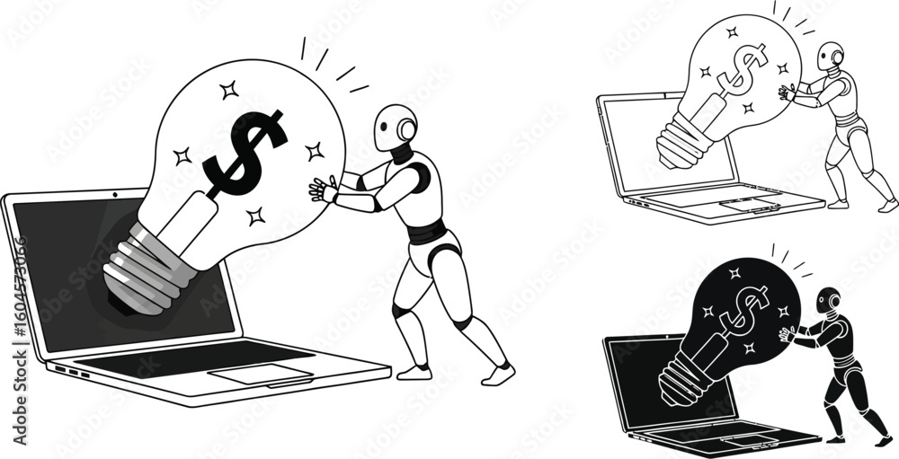Aufkleber ai automation idea generation and monetization concept robot pushing lightbulb into laptop screen