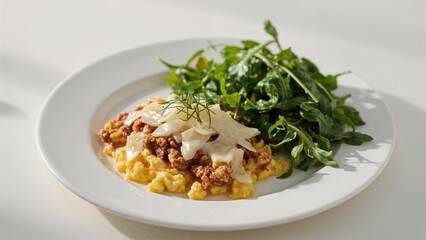 Scrambled eggs with cheese served on a white plate alongside a green salad