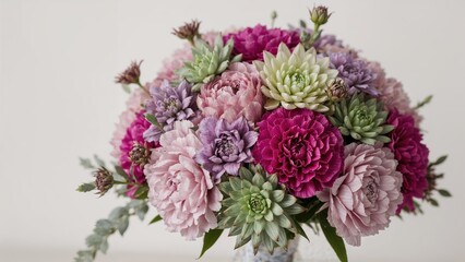 Obraz premium Charming wedding bouquet composed of vibrant purple, violet, rose, and green carnations alongside crassula