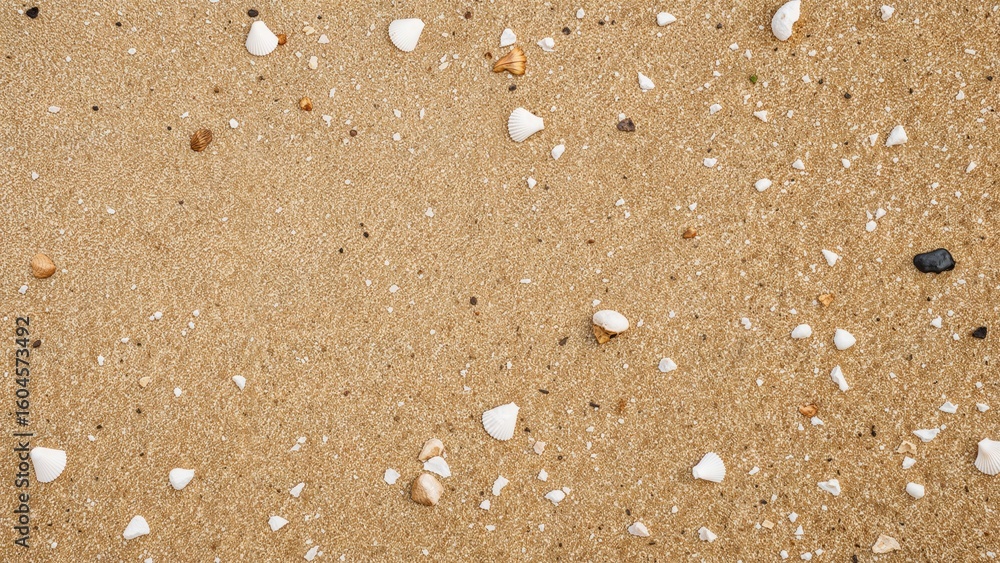 Poster beach sand texture with scattered shells and empty space for notes, creative concept and natural pat