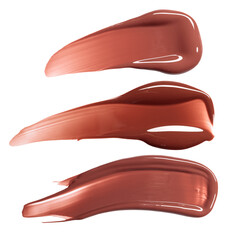 set of three lipgloss smears, acryl gel, glossy pink nail polish, cosmetics beauty product texture, liquid blush, lipstick, lipgloss swatch, isolated png
