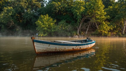 Obraz premium Neglected boat resting beside the lake