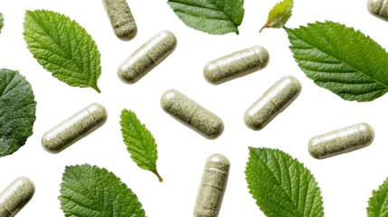 Herbal capsules and green leaves on a white isolate background, representing natural supplements and wellness.