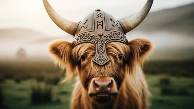 Highland Cow Wearing Viking Helmet in Misty Landscape - A Highland cow with long, shaggy brown fur stands in a lush green field, wearing a dark brown Viking helmet adorned with intricate runes.