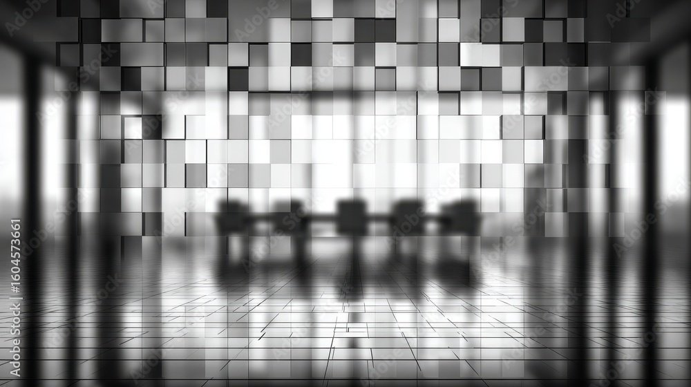 Poster abstract monochrome light pattern of mosaic wall with bokeh effect on glass door or window in a blur
