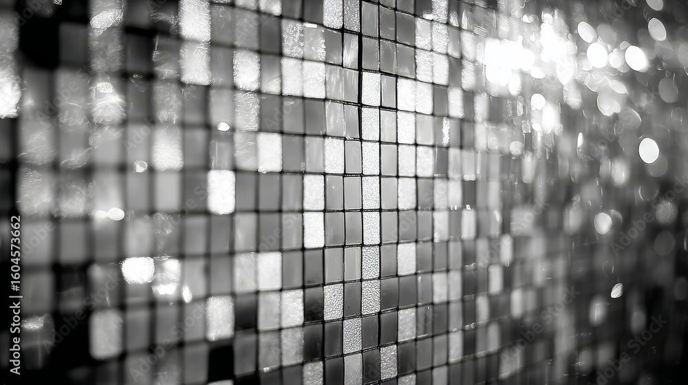 Poster abstract monochrome light pattern of mosaic wall with bokeh effect on glass door or window in a blur
