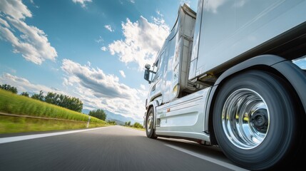The truck speeding down the open highway under a bright blue sky.