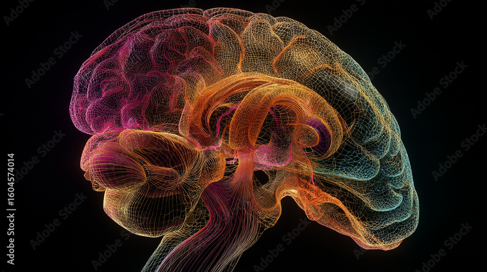 Poster wireframe rendering of a human brain with vibrant color gradients