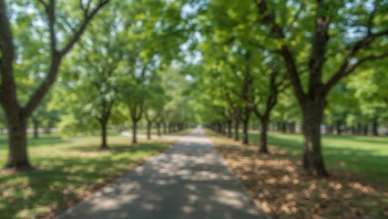 Fototapeta premium Blurred Backdrop Featuring a Peaceful Pathway Amidst Dense Greenery, Perfect for Outdoor Lovers and Nature Enthusiasts.
