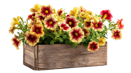 Yellow and red petunias flowers in wooden flower box isolated on white background.