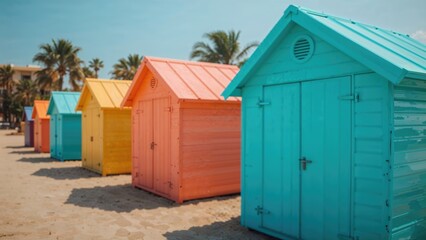 A collection of abstract beach shelters with diverse colors and structural juxtapositions. Bright and lively summer resort imagery.