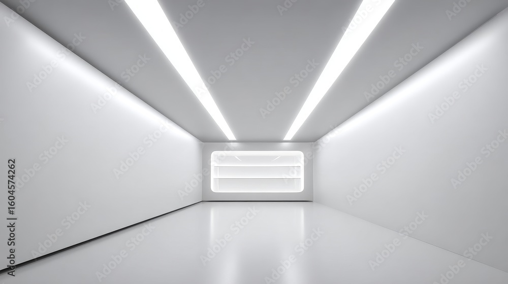 Aufkleber Minimal abstract white interior with clean empty space, smooth white walls, modern architecture elements, and soft ambient lighting. 3D rendering for contemporary design, concept, or visualization use