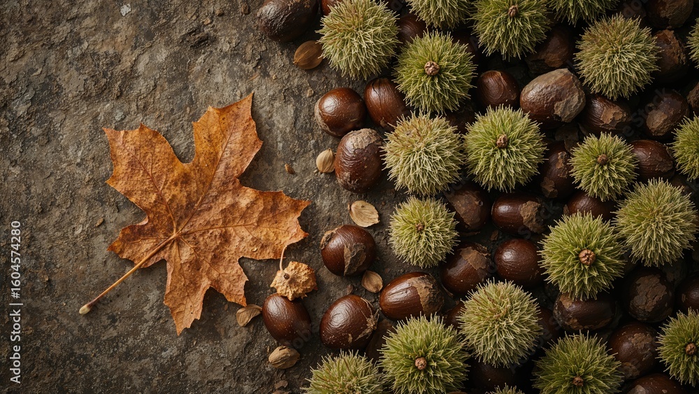 Poster an assortment of chestnuts in sharp green husks rests on a rough terrain next to a dried leaf.