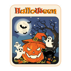 Jack-o'-lantern wearing witch hat with black cat, three ghosts, bats flying near full moon, dry trees and autumn leaves on dark background. Cartoon vector illustration. Halloween celebration.