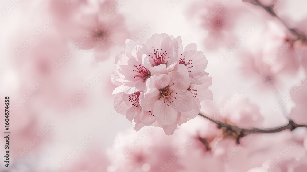 Poster out-of-focus sakura flowers creating an abstract background