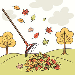 Cartoon illustration of raking leaves in autumn with trees and clouds