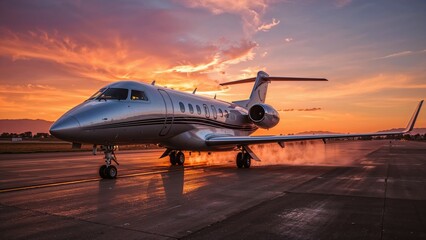 A private jet is landing at dusk