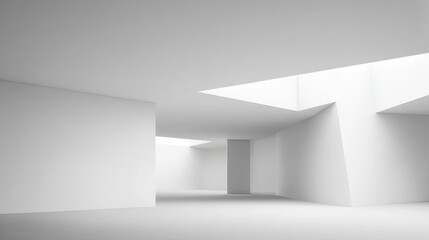 Minimal abstract white interior with clean empty space, smooth white walls, modern architecture elements, and soft ambient lighting. 3D rendering for contemporary design, concept, or visualization use