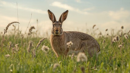 Obraz premium A wild brown hare poised to dash in the open meadow