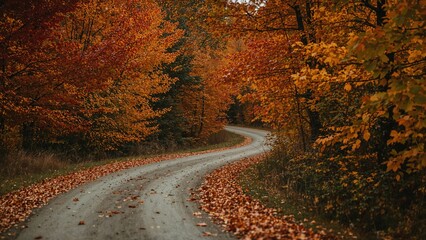Curved gravel trail surrounded by trees showcasing bright fall colors