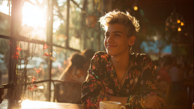 Non-binary person relaxing at a caf&eacute;.