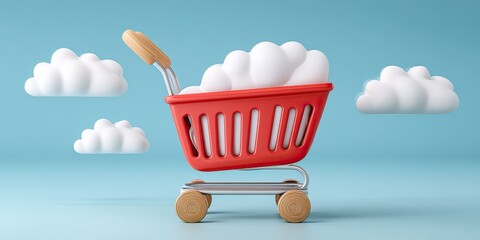 A stylized, red shopping cart filled with fluffy clouds against a clear, pastel blue background