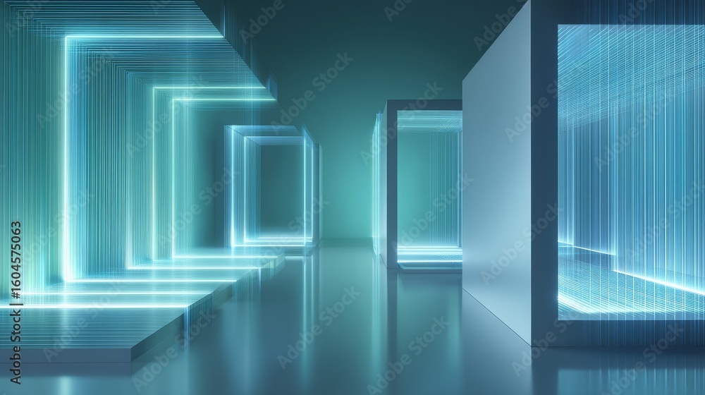 Aufkleber Futuristic geometric neon showcase scene with glowing lines and abstract shapes in empty digital space, ideal for product display, virtual background, technology banner, or sci-fi concept environment