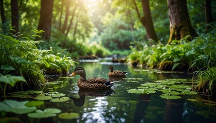 Tranquil ducks in a lush forest stream
