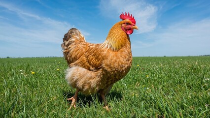 Fototapeta premium Free roaming poultry moving across a dense green field.
