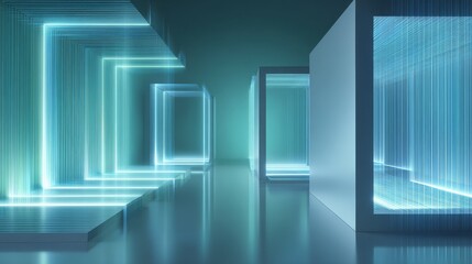 Futuristic geometric neon showcase scene with glowing lines and abstract shapes in empty digital space, ideal for product display, virtual background, technology banner, or sci-fi concept environment