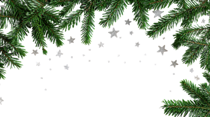 Pine branches with falling snowflakes on a transparent background.