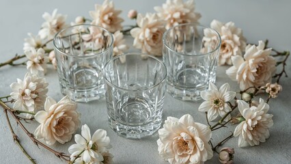 Detailed shot of flowers alongside transparent glasses set on a neutral gray base