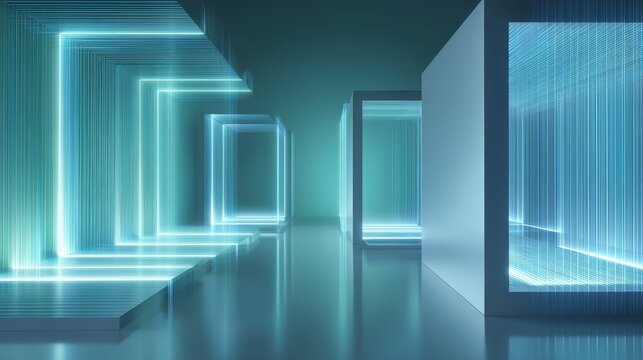 Futuristic geometric neon showcase scene with glowing lines and abstract shapes in empty digital space, ideal for product display, virtual background, technology banner, or sci-fi concept environment