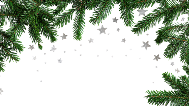 Pine branches with falling snowflakes on a transparent background.